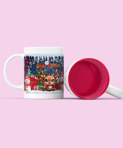 Κεραμική άσπρη κούπα με κόκκινο χρώμα στο εσωτερικό της με χριστουγεννιάτικη ετικέτα Ρούντολφ νύχτα merry christmas