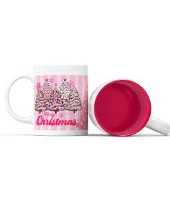 Κεραμική άσπρη κούπα με κόκκινο χρώμα στο εσωτερικό της με χριστουγεννιάτικη ετικέτα pink trees