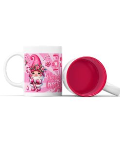 Κεραμική άσπρη κούπα με κόκκινο χρώμα στο εσωτερικό της με χριστουγεννιάτικη ετικέτα pink icon merry christmas