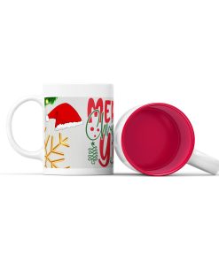 Κεραμική άσπρη κούπα με κόκκινο χρώμα στο εσωτερικό της με ετικέτα κόκκινος σκούφος merry christmas