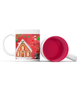 Κεραμική άσπρη κούπα με κόκκινο χρώμα στο εσωτερικό της ''σπίτι merry christmas''