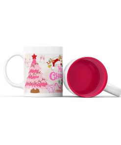 Κεραμική άσπρη κούπα με κόκκινο χρώμα στο εσωτερικό της με χριστουγεννιάτικη ετικέτα ροζ δέντρο merry christmas