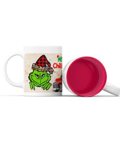 Κεραμική άσπρη κούπα με κόκκινο χρώμα στο εσωτερικό της με χριστουγεννιάτικη ετικέτα με τον Γκριντς