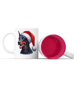 Κεραμική άσπρη κούπα με κόκκινο χρώμα στο εσωτερικό της με θέμα χριστουγεννιάτικος σκύλος Dobermann με κόκκινο σκούφο.