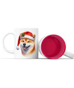 Κεραμική άσπρη κούπα με κόκκινο χρώμα στο εσωτερικό της με θέμα χριστουγεννιάτικος σκύλος ακίτα με κόκκινο σκούφο