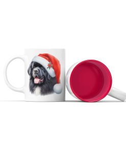 Κεραμική άσπρη κούπα με κόκκινο χρώμα στο εσωτερικό της με θέμα χριστουγεννιάτικος σκύλος Cane Corso με κόκκινο σκούφο.