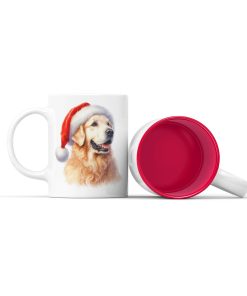 Κεραμική άσπρη κούπα με κόκκινο χρώμα στο εσωτερικό της με θέμα χριστουγεννιάτικος σκύλος Golden retriever με κόκκινο σκούφο.