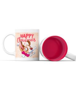 Κεραμική άσπρη κούπα με κόκκινο χρώμα στο εσωτερικό της με θέμα χριστουγεννιάτικη ετικέτα crazy dog merry christmas