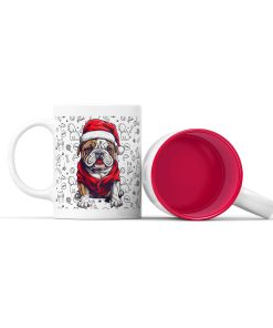 Κεραμική άσπρη κούπα με κόκκινο χρώμα στο εσωτερικό της χριστουγεννιάτικη ετικέτα  bulldog με ρούχο