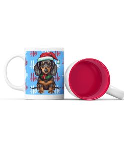 Κεραμική άσπρη κούπα με κόκκινο χρώμα στο εσωτερικό της με χριστουγεννιάτικη ετικέτα σκύλος Ho ho ho