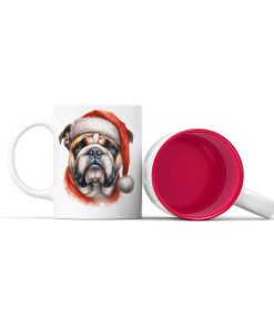 Κεραμική άσπρη κούπα με κόκκινο χρώμα στο εσωτερικό της με θέμα χριστουγεννιάτικος σκύλος Bulldog με κόκκινο σκούφο.