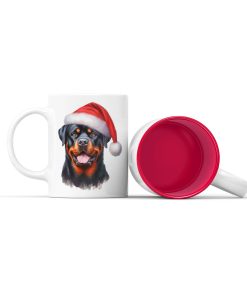 Κεραμική άσπρη κούπα με κόκκινο χρώμα στο εσωτερικό της με θέμα χριστουγεννιάτικος σκύλος Rottweiler με κόκκινο σκούφο.