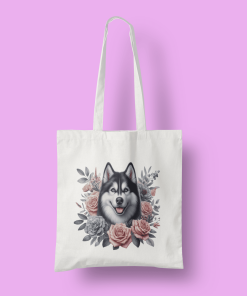 Άσπρη τσάντα με θέμα ''floral σκύλος huskie με λουλούδια''