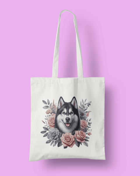 Άσπρη τσάντα με θέμα ''floral σκύλος huskie με λουλούδια''