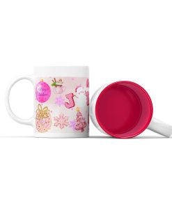 Κεραμική άσπρη κούπα με κόκκινο χρώμα εσωτερικά με χριστουγεννιάτικη ετικέτα ''ροζ στολίδια''