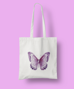 Βαμβακερή τσάντα με άσπρο χερούλι, με floral σχέδιο αποχρώσεως ροζ/μωβ πεταλούδα