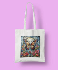 Βαμβακερή τσάντα με τετράγωνη ετικέτα σχεδίου floral  circle πολύχρωμες πεταλούδες