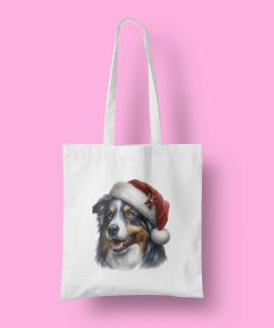 Άσπρη τσάντα με θέμα ''χριστουγεννιάτικος ασπρόμαυρος σκύλος με κόκκινο σκούφο''