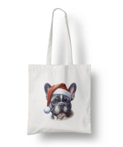 Άσπρη τσάντα με εκτύπωση ''χριστουγεννιάτικος σκύλος μαύρο Bull dog''