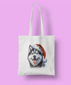 Άσπρη τσάντα με άσπρο χερούλι με εκτύπωση χριστουγεννιάτικος σκύλος Huskie