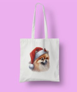 Άσπρη τσάντα με θέμα χριστουγεννιάτικος σκύλος με κόκκινο σκούφο