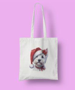 Άσπρη τσάντα tote bag με χριστουγεννιάτικο σκύλο Maltese με κόκκινο σκούφο
